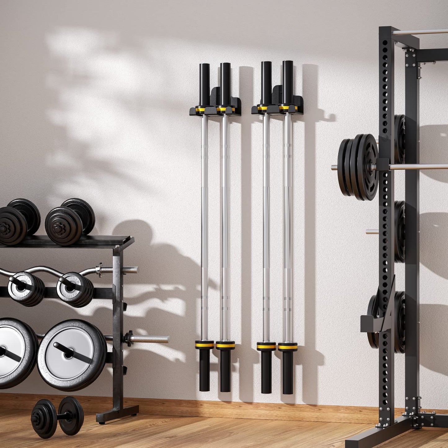 JNIHEEP Barbell Holder,Garage Gym Bar Wall Rack with 2 Bar Holders for Hanging Olympic Barbells, Curl Bars, Chains,Resistance Band,and ect,Holds Under 33mm Bar Size(Black)