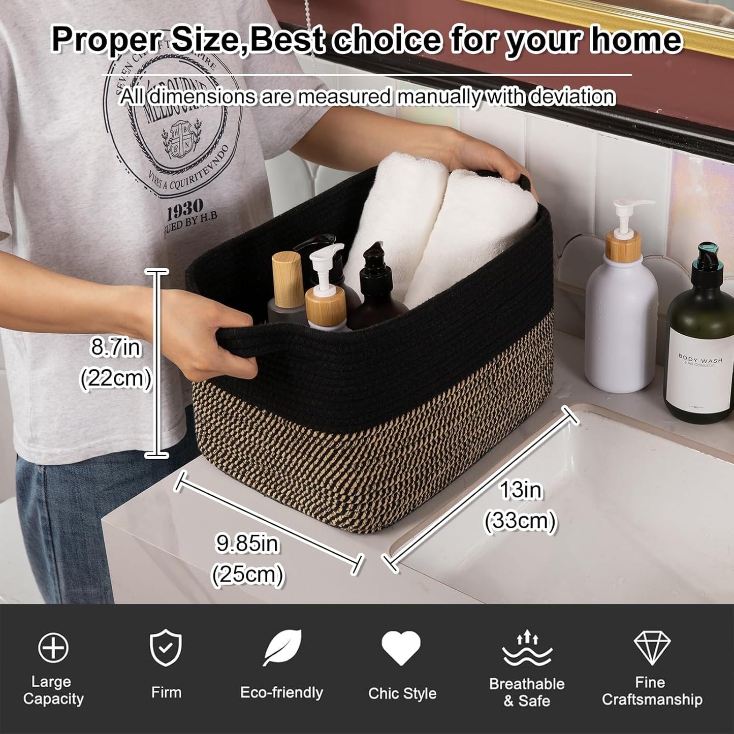 OIAHOMY Woven Storage Basket - Rectangle Cotton Rope Organizer for Toys, Towels & Books | 13 x 10 x 9 in, Black & Brown