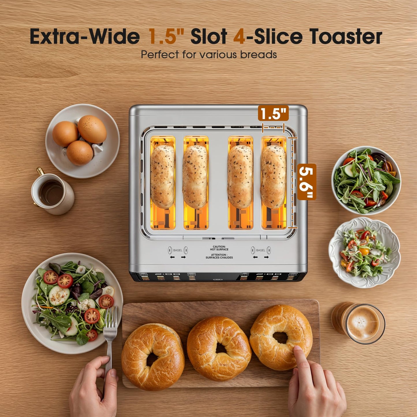 4-Slice Smart Toaster, 1800W Digital Touchscreen with Dual-Zone Control, 1.5" Extra-Wide Slots for Bagels & Thick Bread, 6 Browning Levels & 6 Presets, Single-Slot Energy Saving, Defrost/Reheat