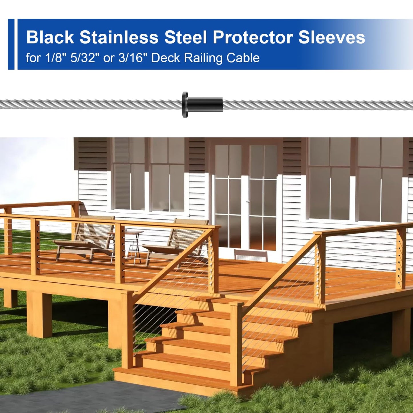 BLIKA 80 Pack Black Stainless Steel Protector Sleeves for 1/8" 5/32" or 3/16" Deck Cable Railing, for Wood/Composite Posts, T316 Marine Grade, Black Cable Railing Protector Sleeves