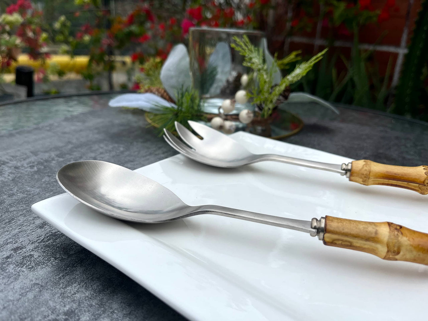 Nature Real Bamboo Handle Serving Set 10 inch Salad Spoon and fork 2-Piece Set Stainless Steel 18/10 Kitchen Utensils Matte Silver
