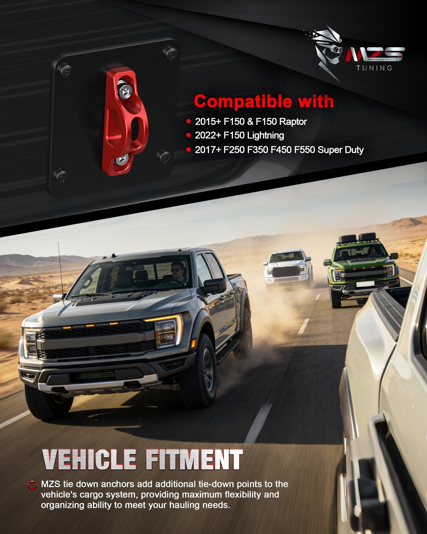 MZS 1" Rear Leveling Lift Kit + Truck Tie Downs Anchors Compatible with 2015+ F250 F350 Super Duty, Pack of 6