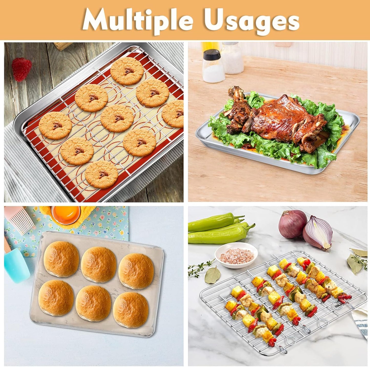 P&P CHEF 9-Inch Baking Sheet Pan Set - Stainless Steel Tray with Rack & Silicone Mat, Dishwasher Safe
