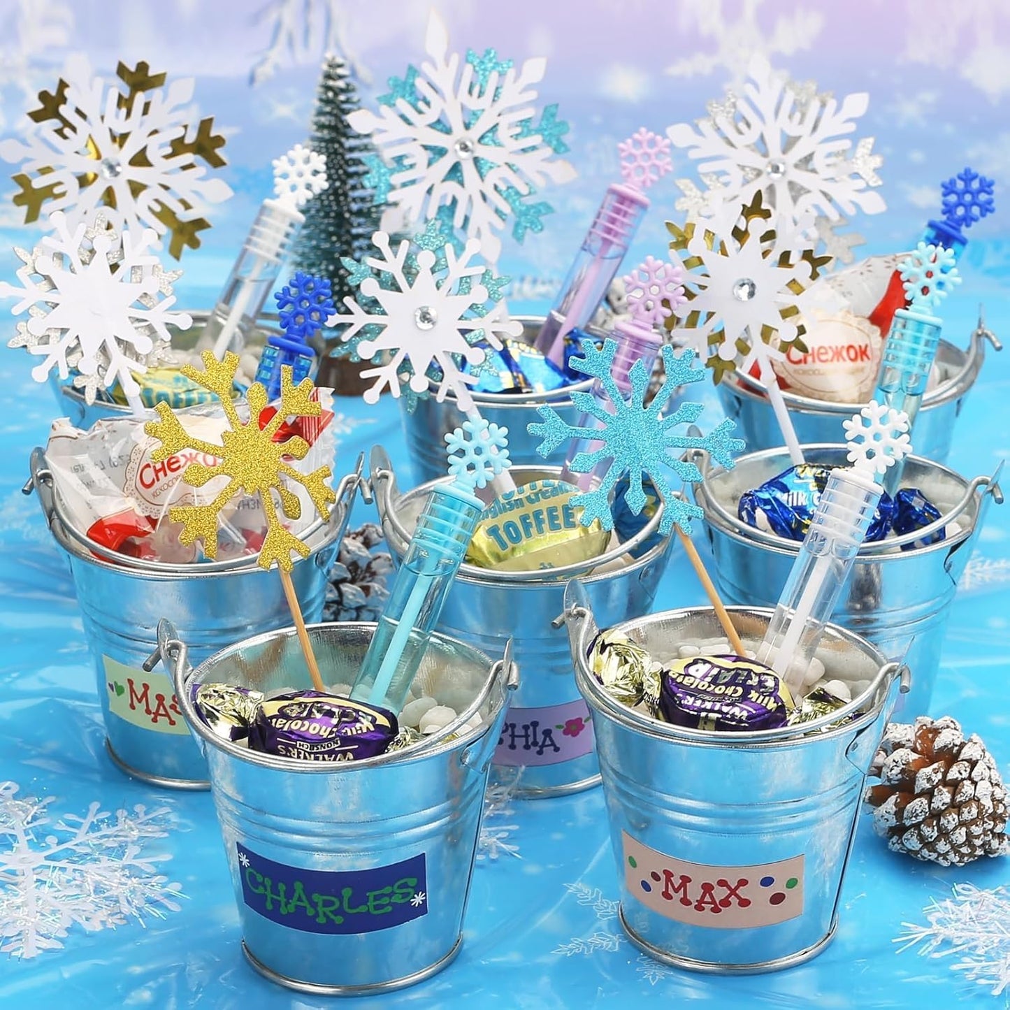 Skiennix 32 Pcs Snowflake Bubble Wands - Colorful Mini Party Favors for Kids | Winter-Themed Fun