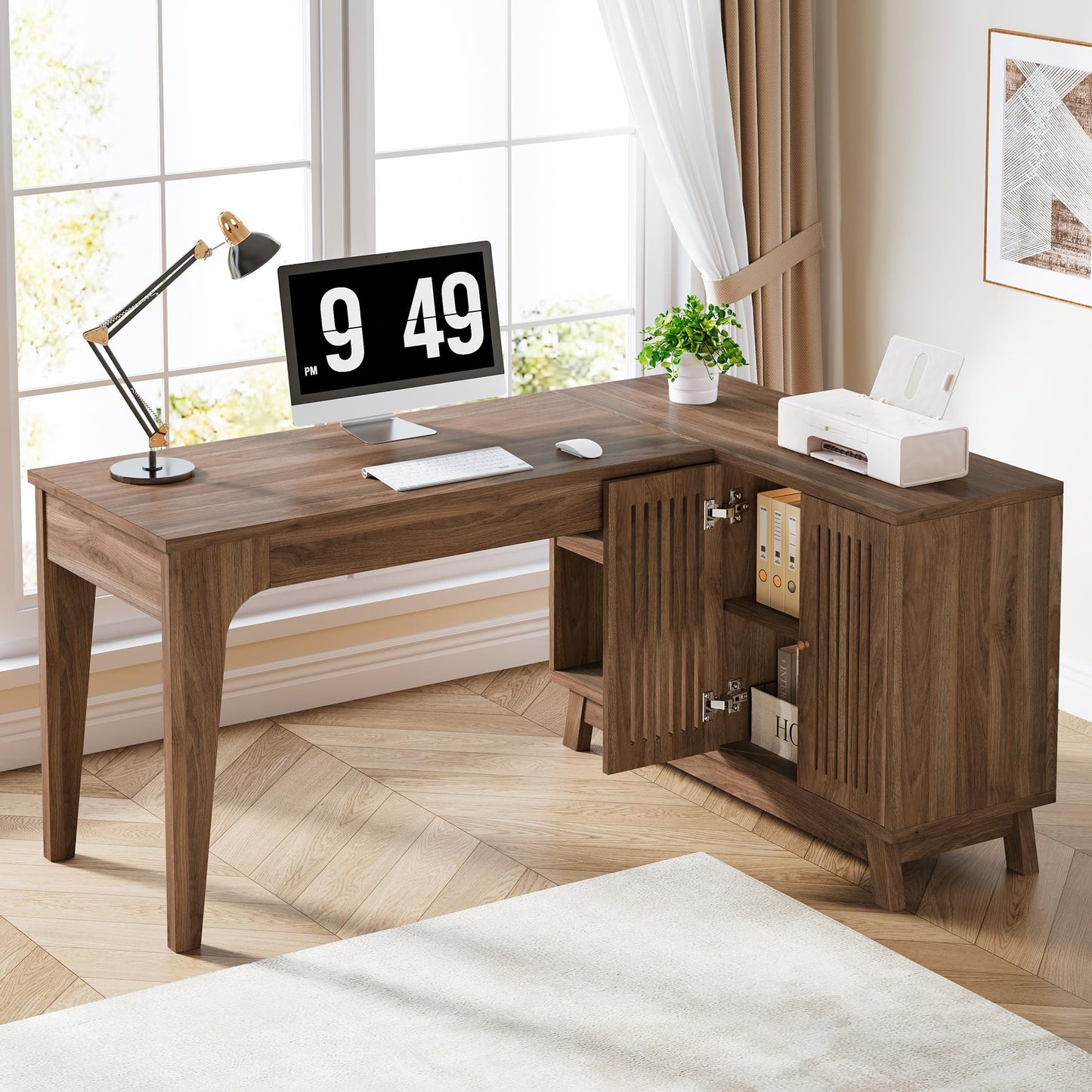 Tribesigns L-Shaped Desk with Storage Cabinet, 57-Inch Wood Corner Workstation, Home Office Computer Desk, Study Writing Table for Bedroom, Walnut