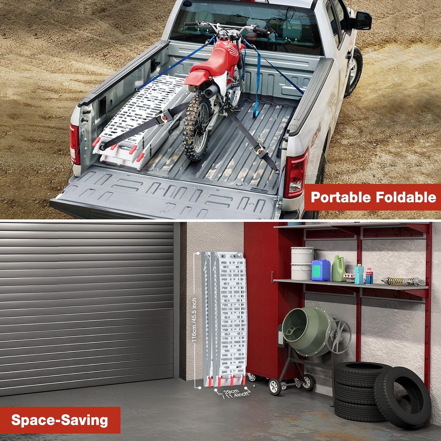 WheelX Heavy-Duty 1,860 lbs Capacity Aluminum Folding Loading Ramps - Non-Slip Motorcycle & ATV Ramps for Pickup Trucks & Trailers with Safety Straps