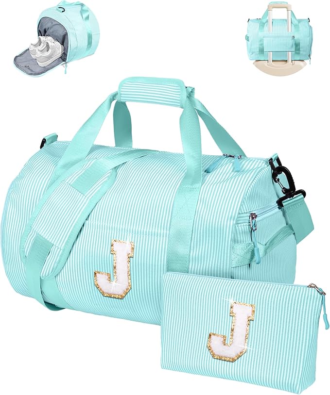 Teen Girls Gifts Trendy Stuff, Girl Gym Bag, Kids Initial Overnight Duffel Bags with Shoe Compartment, Personalized Travel Bag with Makeup Pouch, 6 Year Old Birthday Gift Ideas (Letter J)