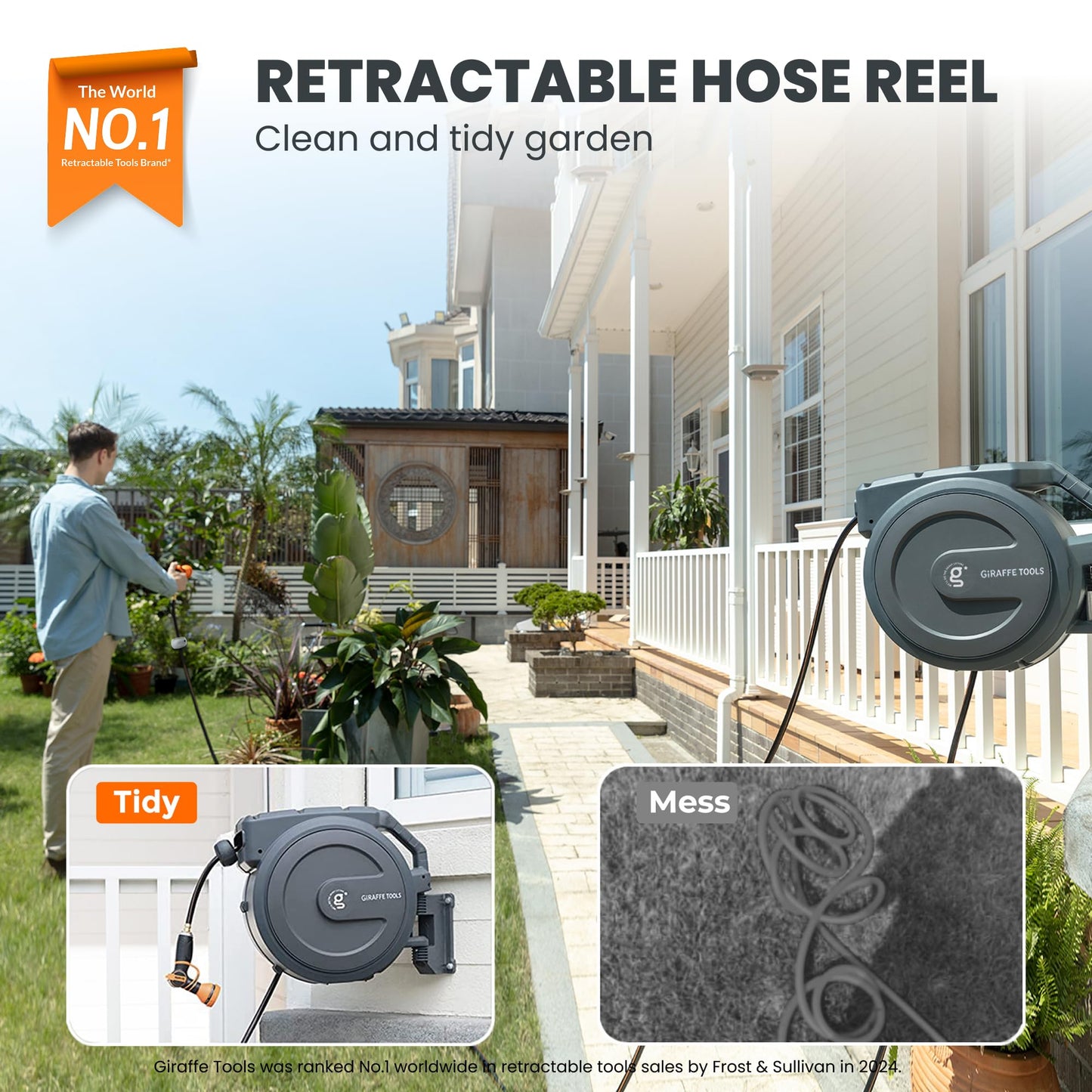 Giraffe Tools Retractable Garden Hose Reel 1/2 Inch x 130 ft, Super Heavy Duty, Any Length Lock, Slow Return System, Wall Mounted and 180 Deg Swivel Bracket