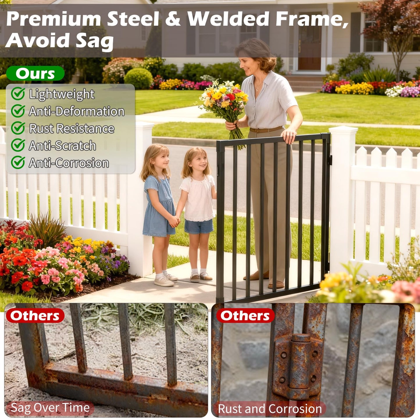 Outdoor Deck Fence Gate Kit, 48" W x 32" H Heavy Duty Metal Gate with Self-Closing Hinge & Lockable Latch, Fits Standard 36''H Deck, Weatherproof, Rust-Resistant, Used for Patio, Yard, Porch, Stairs