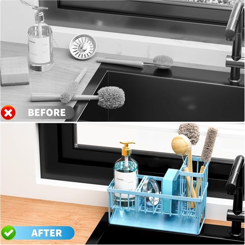 Cisily Blue Kitchen Sink Caddy Organizer - Rustproof Stainless Steel with Brush & Sponge Holder