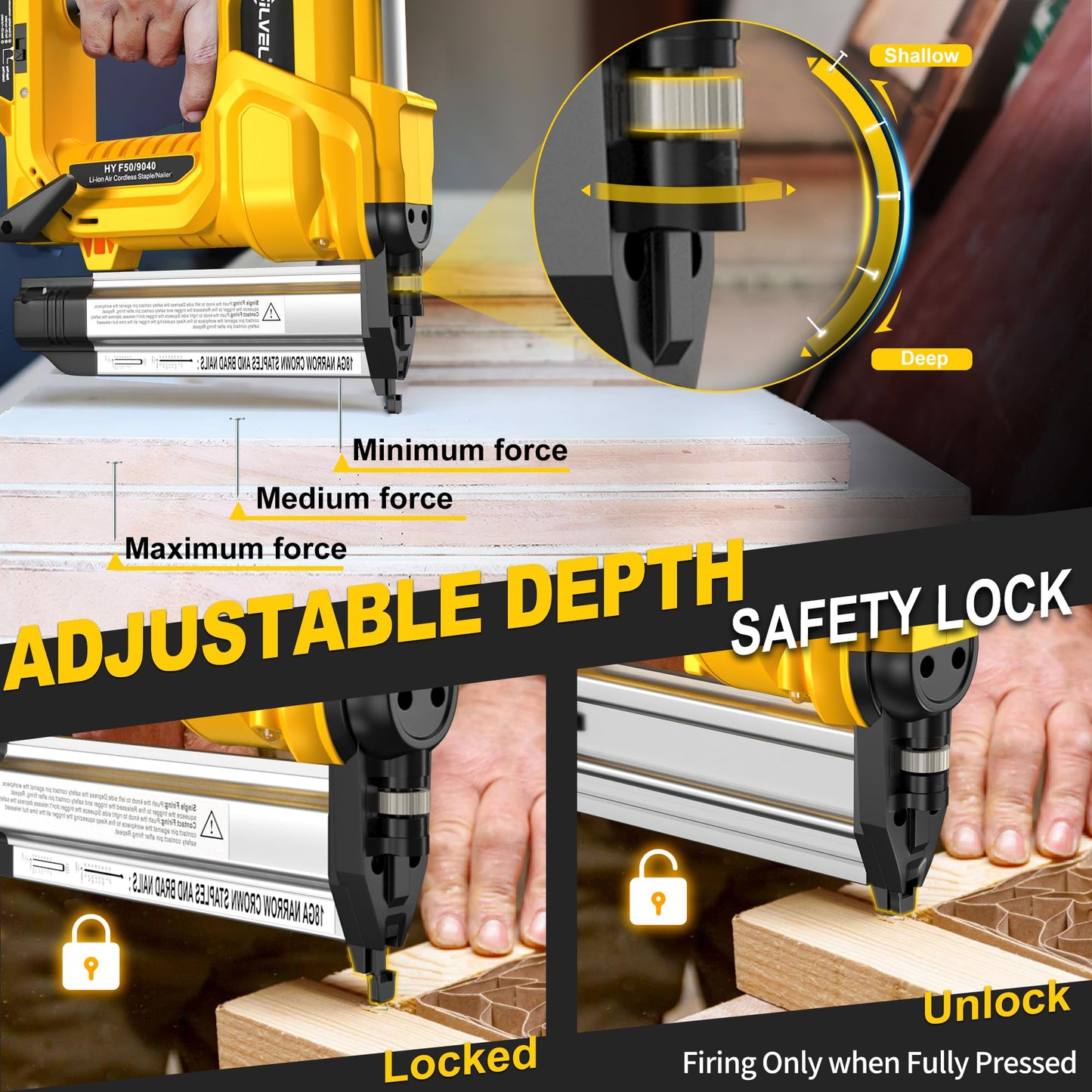 SILVEL 2" Cordless Brad Nailer, 2-in-1 21V Electric Brad Nailer with 2 * 2.0Ah Battery, 1000pcs Nails, 18GA Staples, Adjustable Depth for Woodworking, Home Improvement, yellow