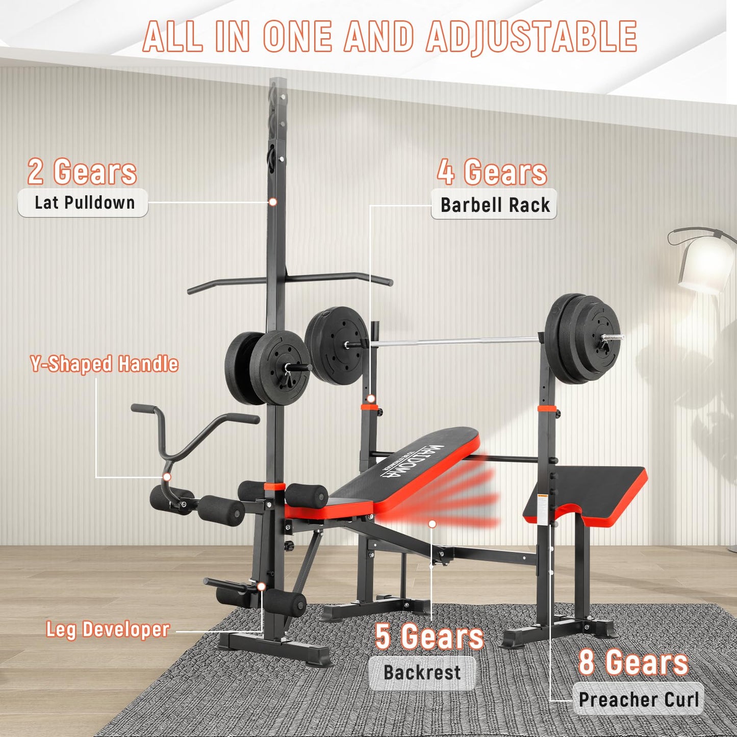 MAIDOMA 1500LB 8 IN 1 Weight Bench with Lat Pulldown and Leg Extension/Curl, Foldable Bench Press with Preacher Curl & Squat Rack, Workout Benches with Safety Bar Catches for Home Gym