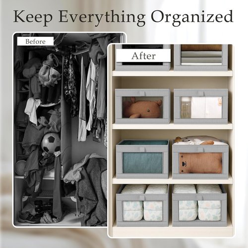 Criusia Linen Closet Organizers - 4 Pack Foldable Storage Baskets for Towels, Clothing & More | Grey