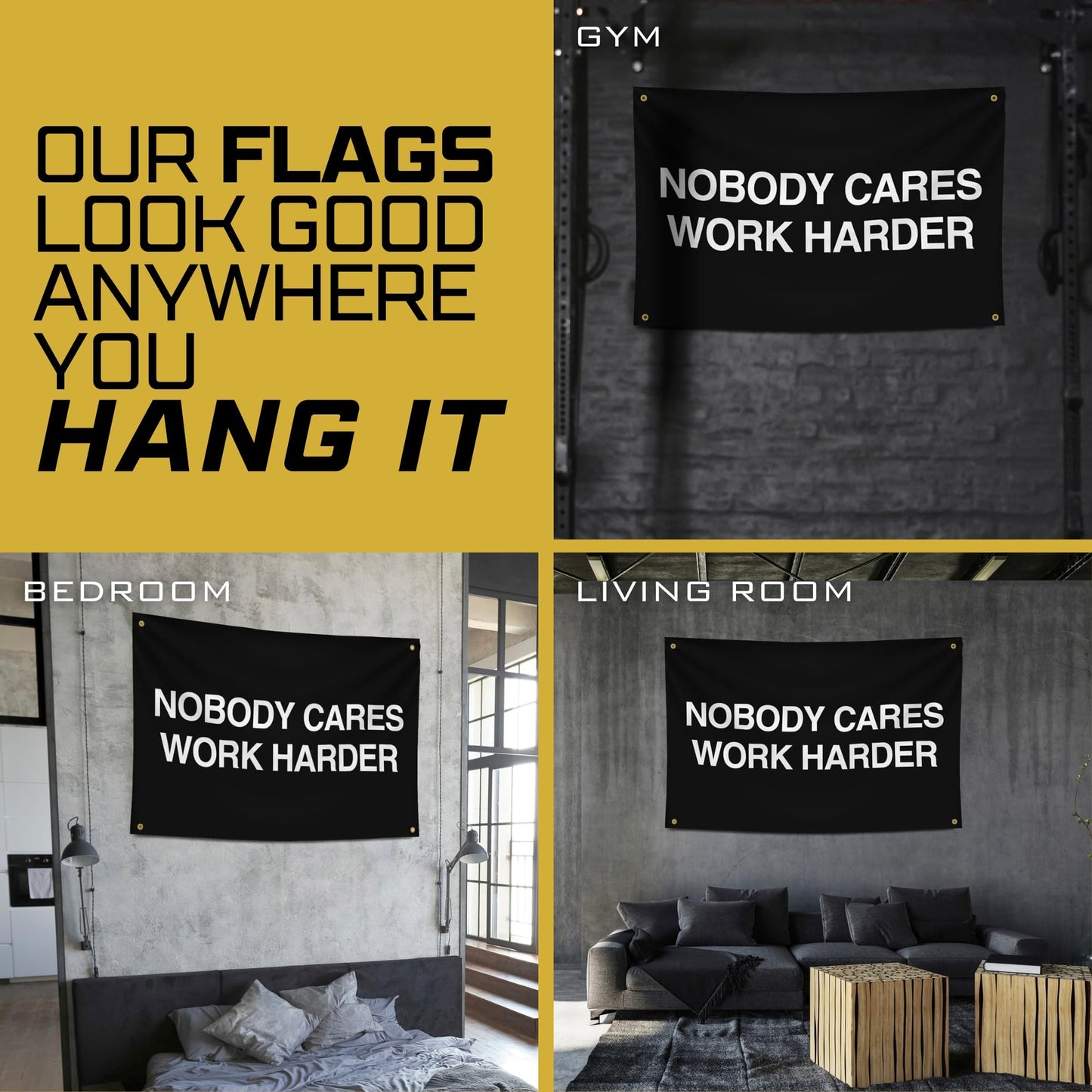 Gold Trident Flags Nobody Cares Work Harder Motivational Gym Banner – Discipline Poster for Gym, Dorm, Home Workout Space – Cool Fitness Wall Decor – Durable Polyester, Double Stitched Flag – 3x5 Feet
