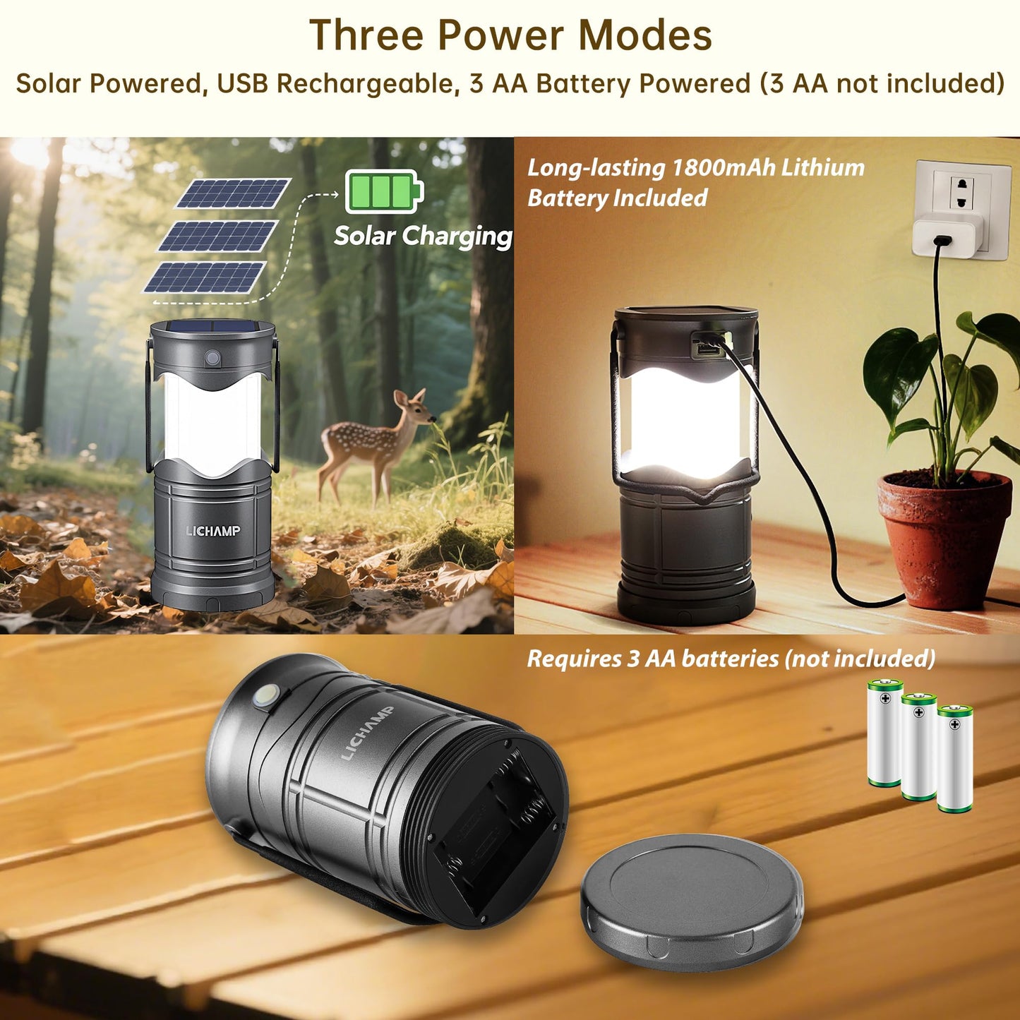 Lichamp 4-Pack Solar Camping Lanterns, USB Rechargeable LED, Battery Powered, Dark Gray, Model CLS-K004GH
