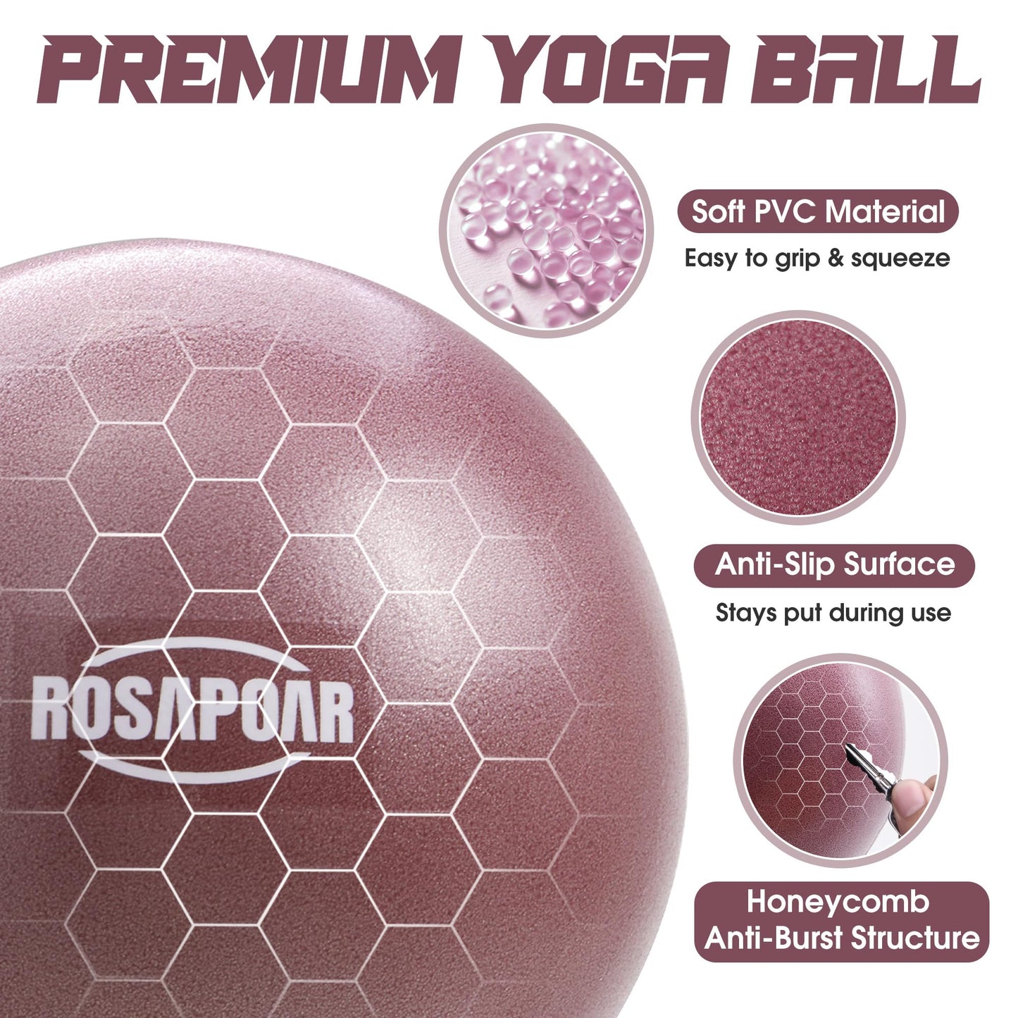 ROSAPOAR Small Exercise Ball - 9 Inch Mini Pilates Ball, Anti-Burst Yoga Ball for Stretching & Core Strength Workout, Physical Therapy & Yoga at Home Gym & Office - Dark Purple