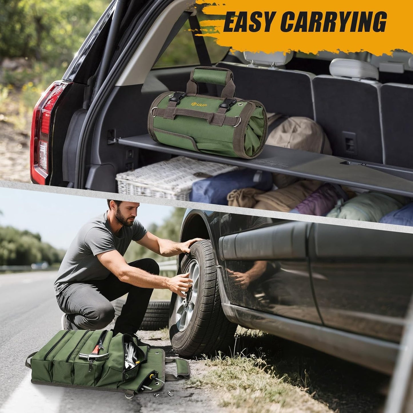 UUP Heavy Duty Tool Bag Roll Up - Portable Foldable Organizer with Pockets | Green, Perfect for Mechanics & Gifts for Dad
