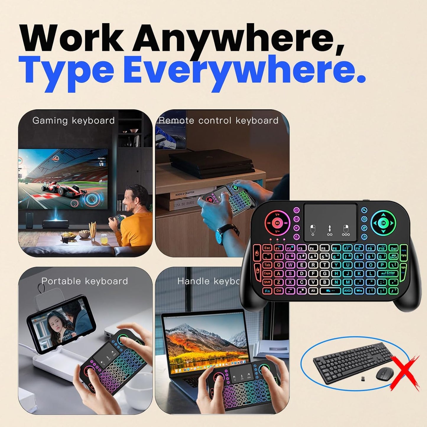 MRSVI Touchpad-2.4GHz Dual-Mode,7-Color PS3, Mini Keyboard with & Bluetooth Backlight, Multimedia Hotkeys
