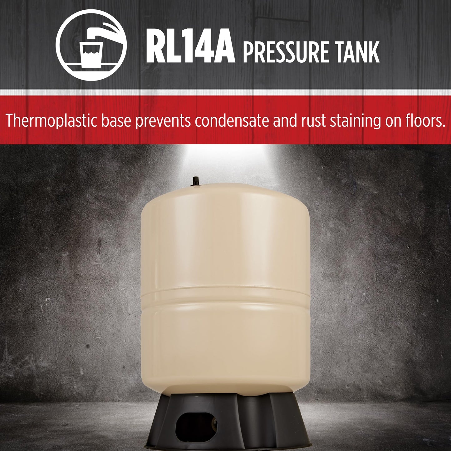 Red Lion RL14A - 14-Gallon Vertical Pre-Charged Pressure Tank with Thermoplastic Base for Well Pumps, 1-Inch FNPT Elbow System Connection, Almond, 604687