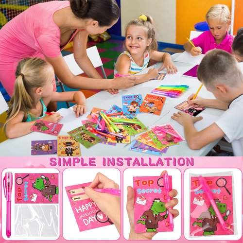 FLYSNK 24 Pack Valentines Day Gifts for Kids Classroom Invisible Ink Spy Pen with Animal Themed Cards Party Favors for School Exchange & Prizes for Boys Girls