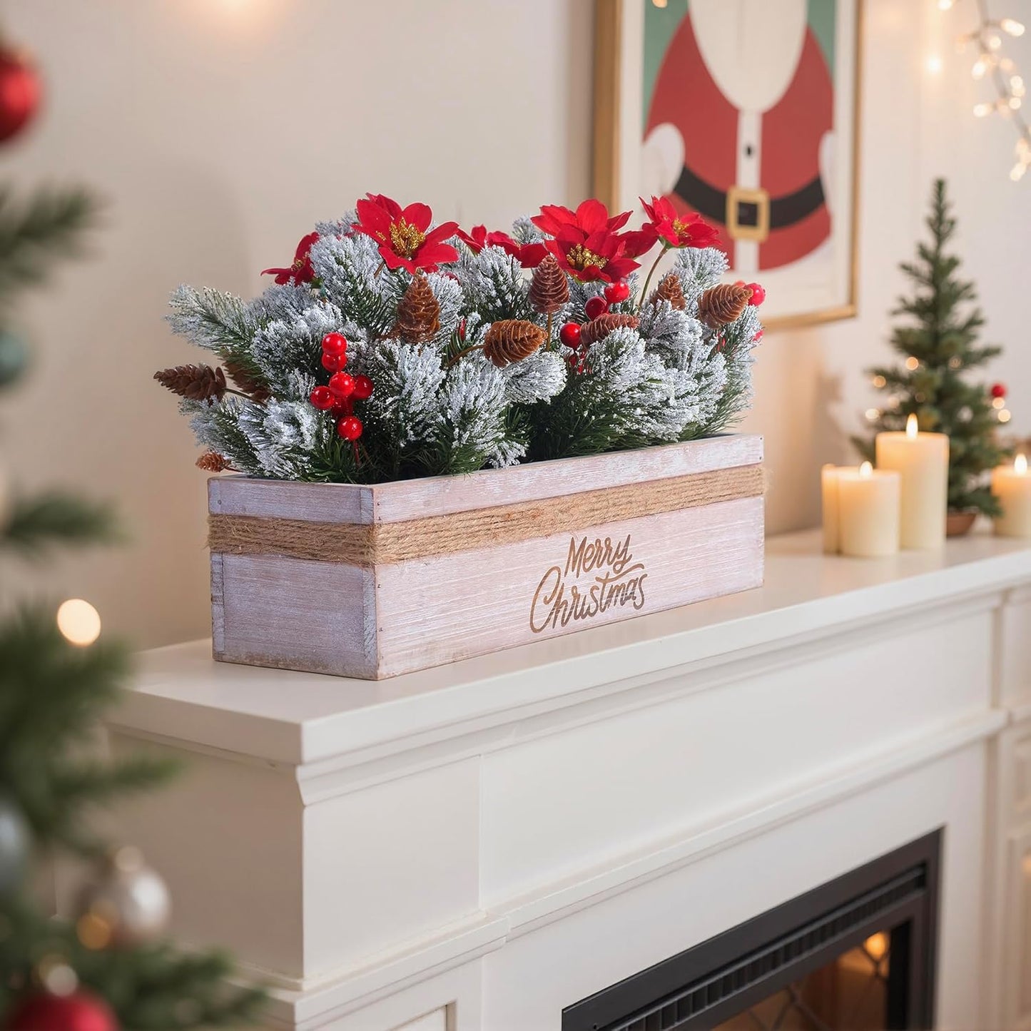 SVENJBB Christmas Table Centerpiece - Red Poinsettias & Snowy Norfolk Pine in Wooden Box | Festive Holiday Decor