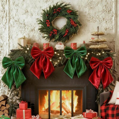 **Giant Red & Green Satin Christmas Bows - 23 x 11 Inch Decorative Bows for Wreaths & Gifts (4 Pack)**