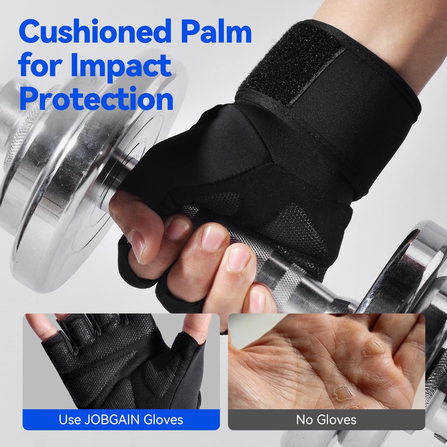 JOBGAIN Workout Gloves for Men and Women, Gym Weight Lifting Padded Gloves with Wrist Wrap Support, Full Palm Protection & Extra Grips, for Weightlifting, Exercise, Pull-Up, Black, Size M