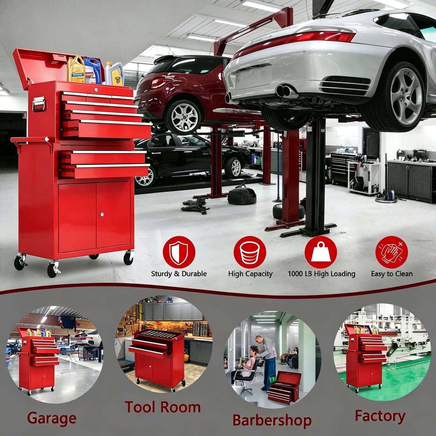 Rolling Tool Chest with Wheels, 24 Inch 8 Drawer 2-in-1 Detachable Tool Box and Cabinet, Lockable Cold Rolled Steel Tool Storage Organizer, Top 6 Drawers Bottom Cabinet 2 Drawers 1 Door, Red