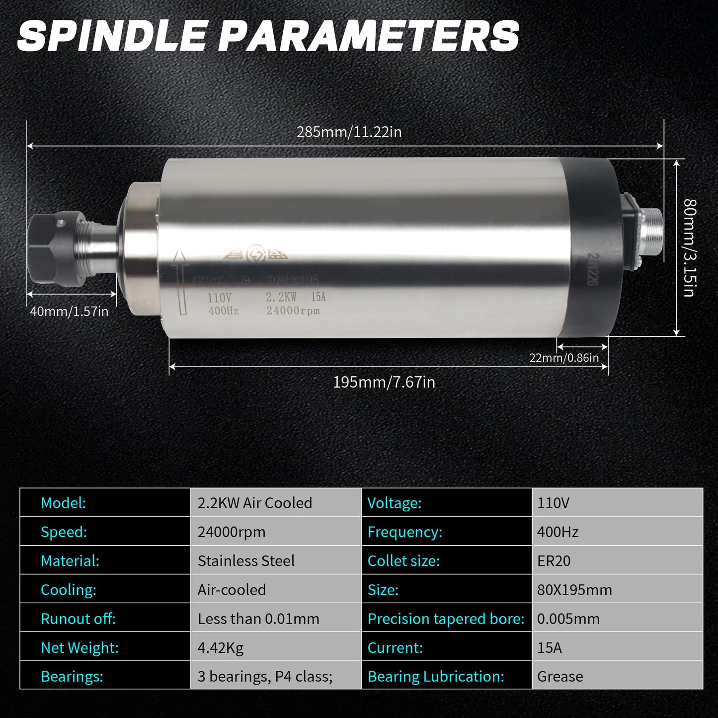 RATTMMOTOR Spindle and VFD Kit, 2.2KW 220V Air Cooled Spindle Motor ER20 24000RPM+2.2KW 220V VFD Inverter Single to 3 Phase Variable Frequency Drive+80mm Spindle Motor Clamp for CNC Router Machine