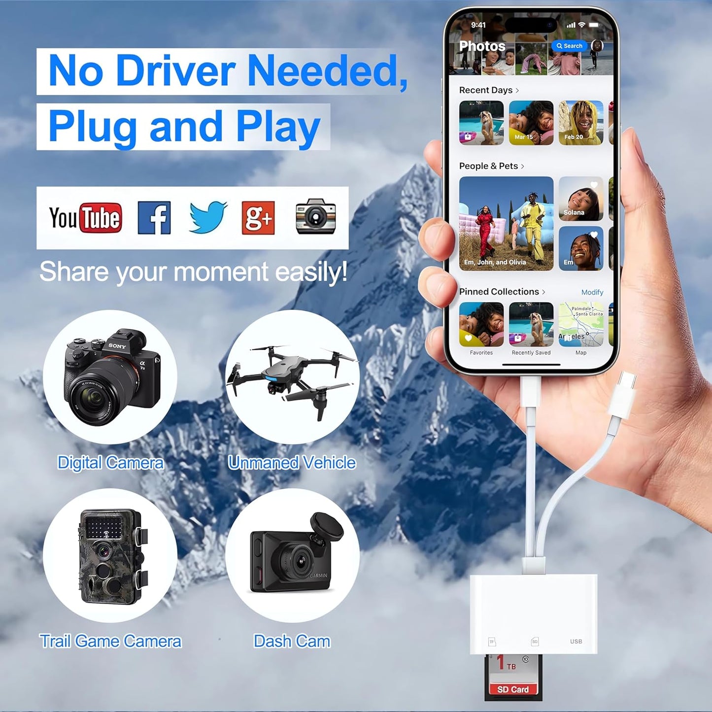 Denlane 3 SD Card Reader for iPhone iPad Mac, Digital Camera Adapter to iPhone Lightning & USB C Dual Connector, Trail