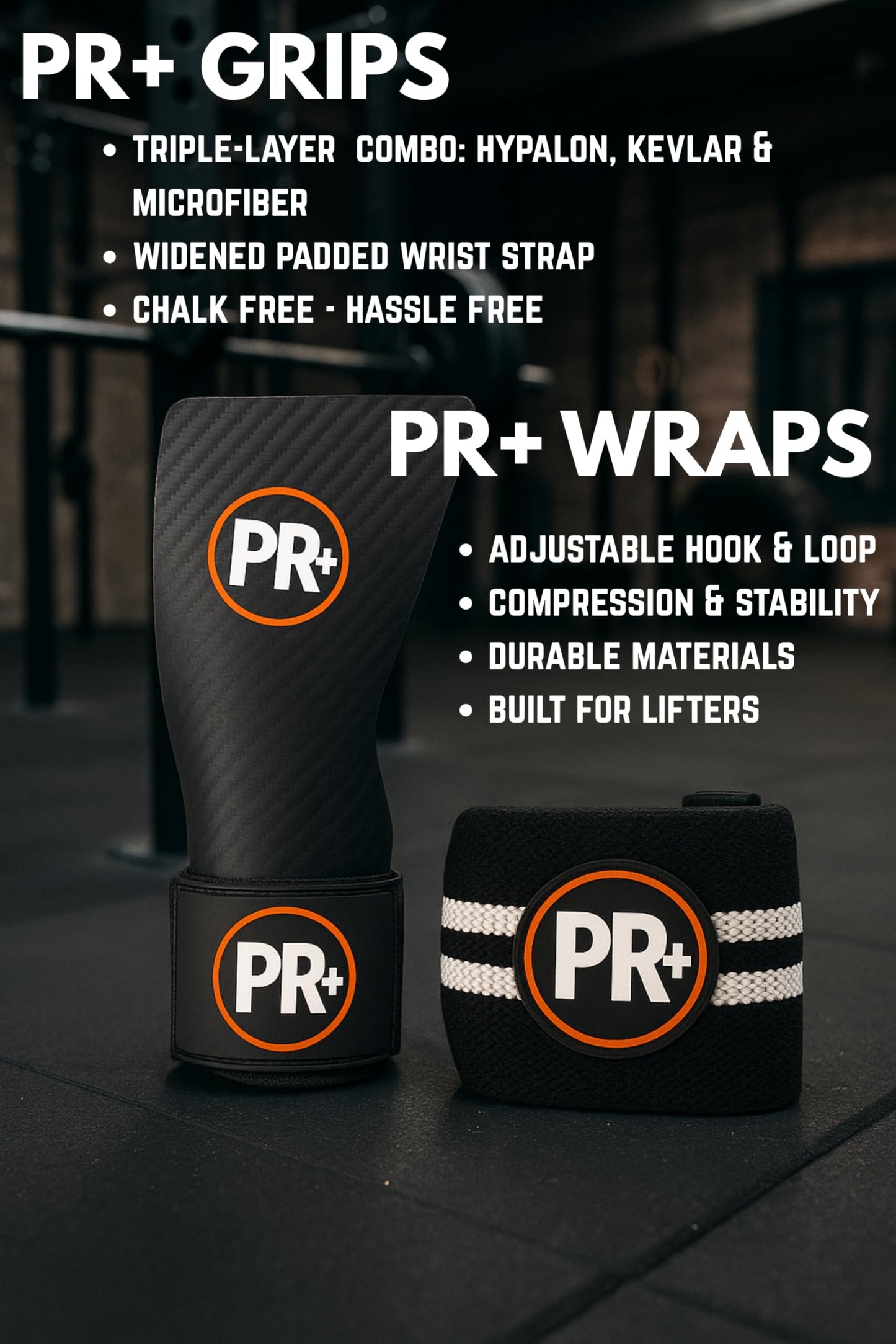 PR+ Triple Layer Chalk Free No Hole Gymnastics Grips + 18" Lifting Wrist Wraps Set – Hand otection & Wrist Support for Crossfit, Cross Training, Weightlifting, WOD (Medium)