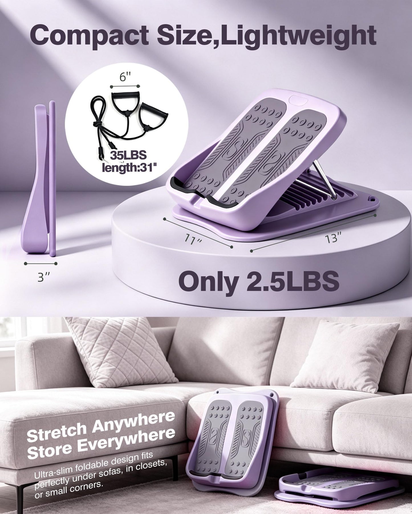 9-Level Adjustable Slant Board for Calf Stretching, Incline Board with 2 Resistance Bands, Portable Calf Stretcher for Exercise & Physical Therapy Equipment (Purple)