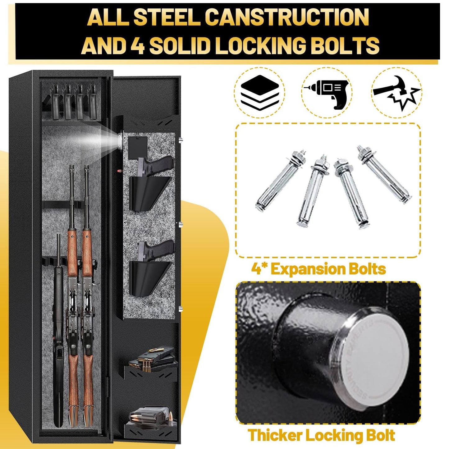 Kaer Gun Safe,Rifle Safe,4-5 Biometric Long Gun Safes for Rifles and Pistols,Gun Cabinet for Rifles and Shotguns with Fingerprint/Digital Keypad/Removable Shelf for Home,Garage,Office