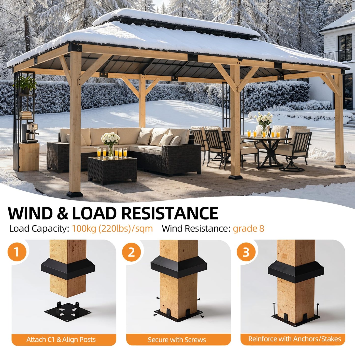 ALAULM 12'x20' Hardtop Gazebo, Outdoor Wood Pergola with Double Metal Roof Metal Corner Frame Shelves Storage,Outdoor Pavilion for Patio, Backyard, Deck,Natural