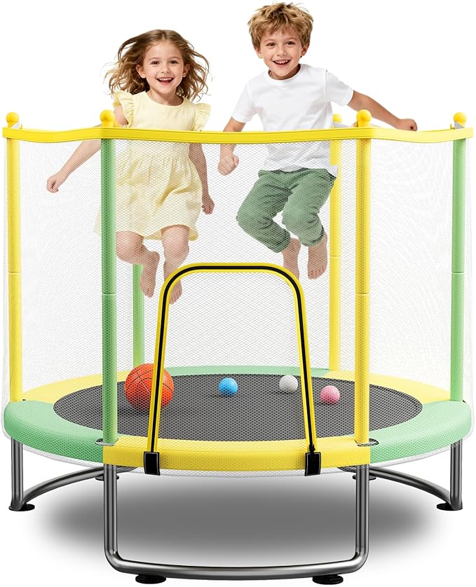 Kids Trampoline with Safety Net – 440lbs Capacity, Upgraded Rust-Proof Ring Legs, Adjustable Gymnastics Bar & Toys – Indoor Outdoor Toddler Trampoline for Boys & Girls Ages 1-8