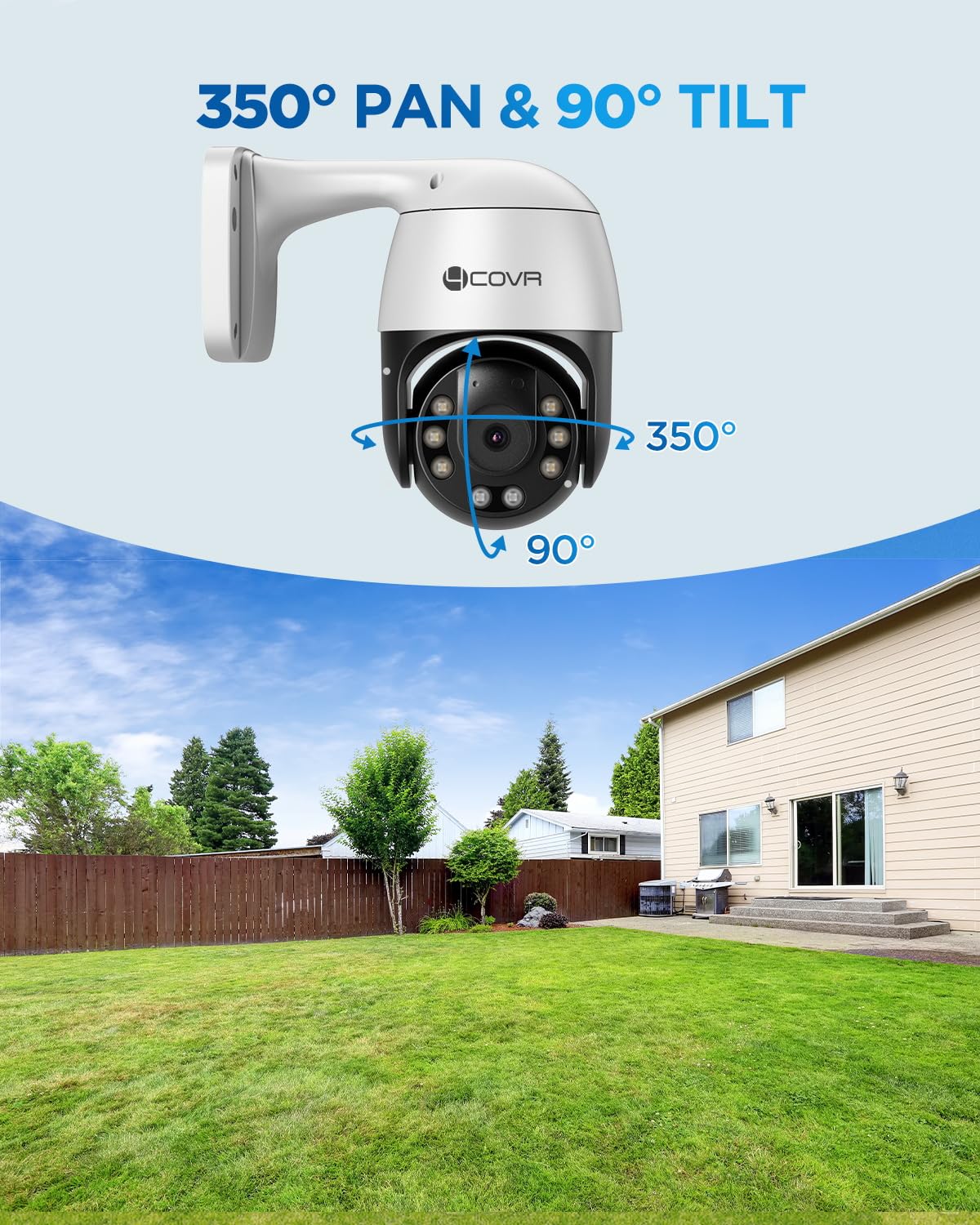 4COVR PoE PTZ Security Camera System, 350ｰ Pan 90ｰ Tilt 3X Digital Zoom, 4X 5MP PoE IP Camera, 8CH 4K NVR & 2TB HDD, AI Human Vehicle Detection, Smart Color Night Vision, Two Way Audio, LYM2XP5M0804