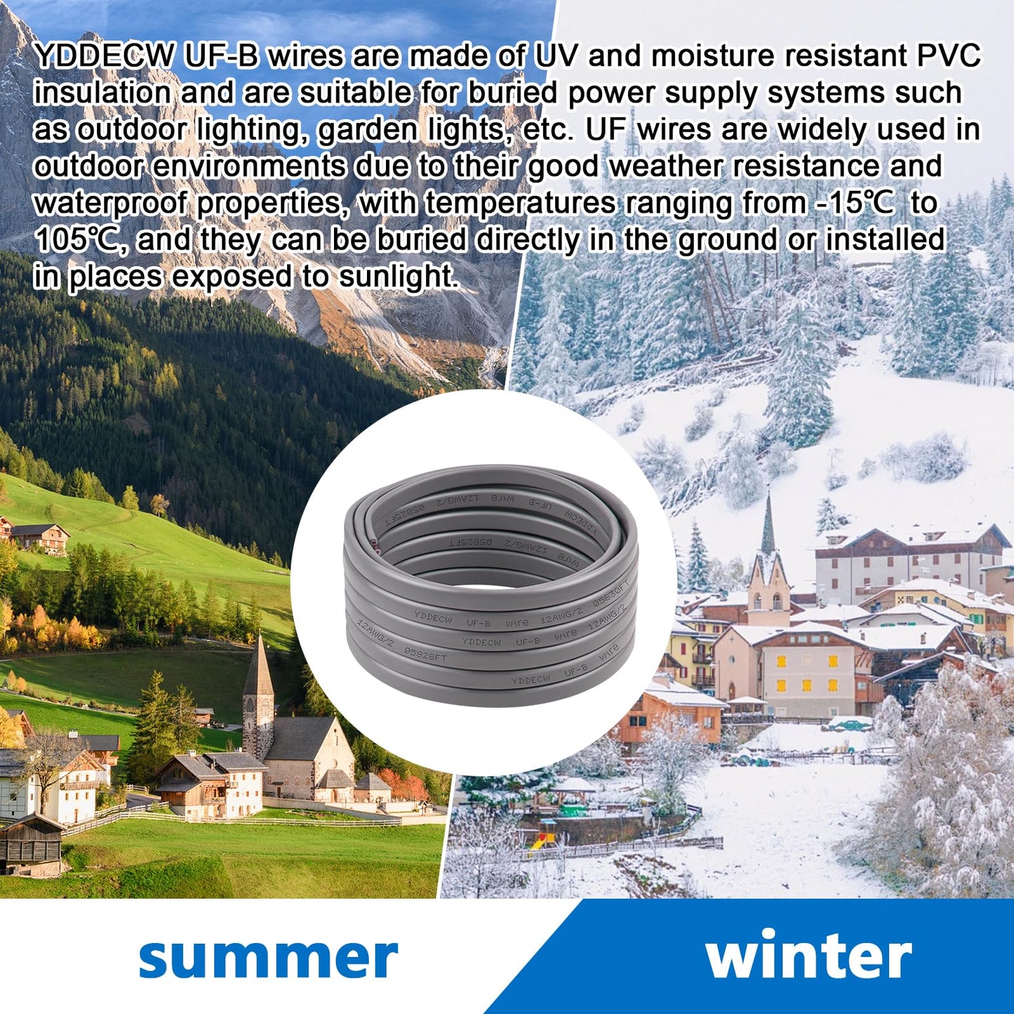 YDDECW 12/2 UF-B Wire - 100FT 100% Pure Copper 12AWG 2 Connector Direct Burial Electrical Cable 12 Gauge for Underground Feeder Wet or Corrosive Locations Indoor & Outdoor etc