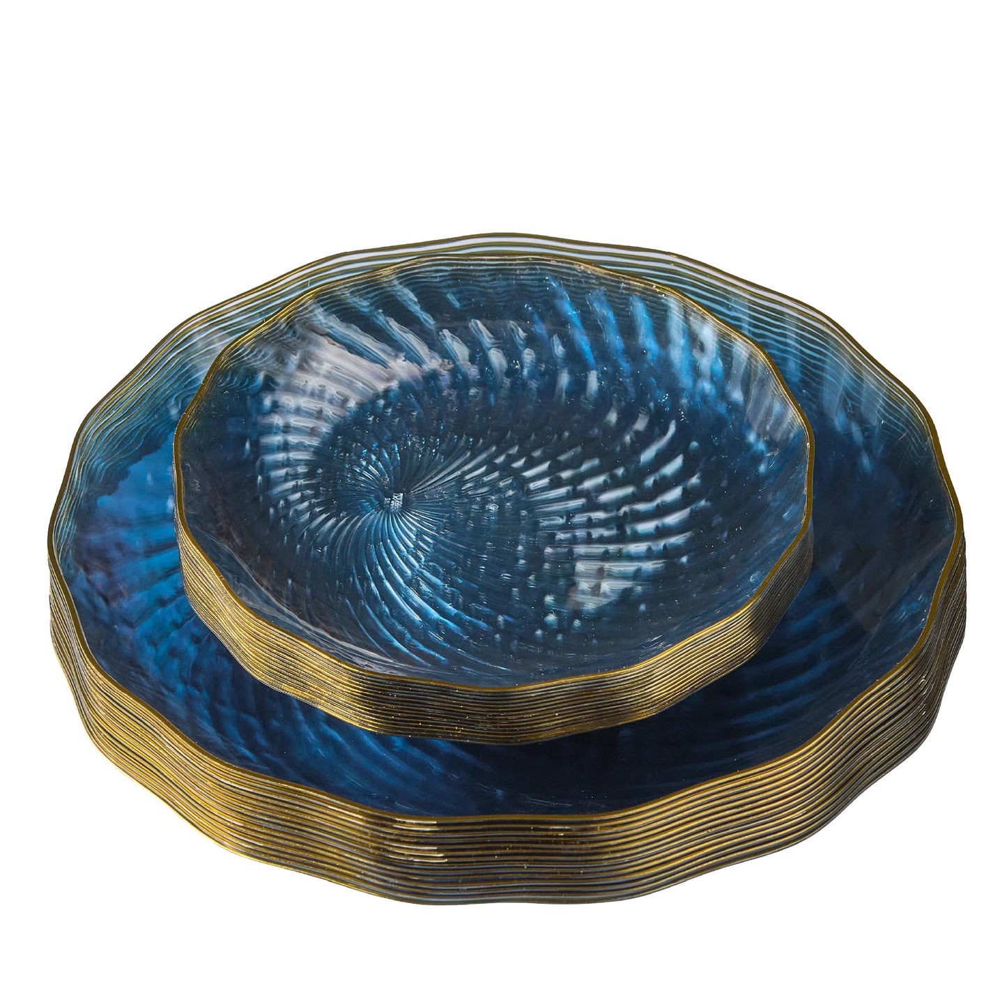 PLASTICPRO 120 Pack Plastic Plates Set of 60-10 inch Plates and 60-7 inch Plates, Elegant Clear Blue Spiral and Gold Rim Disposable Fancy Plates Premium Heavyweight