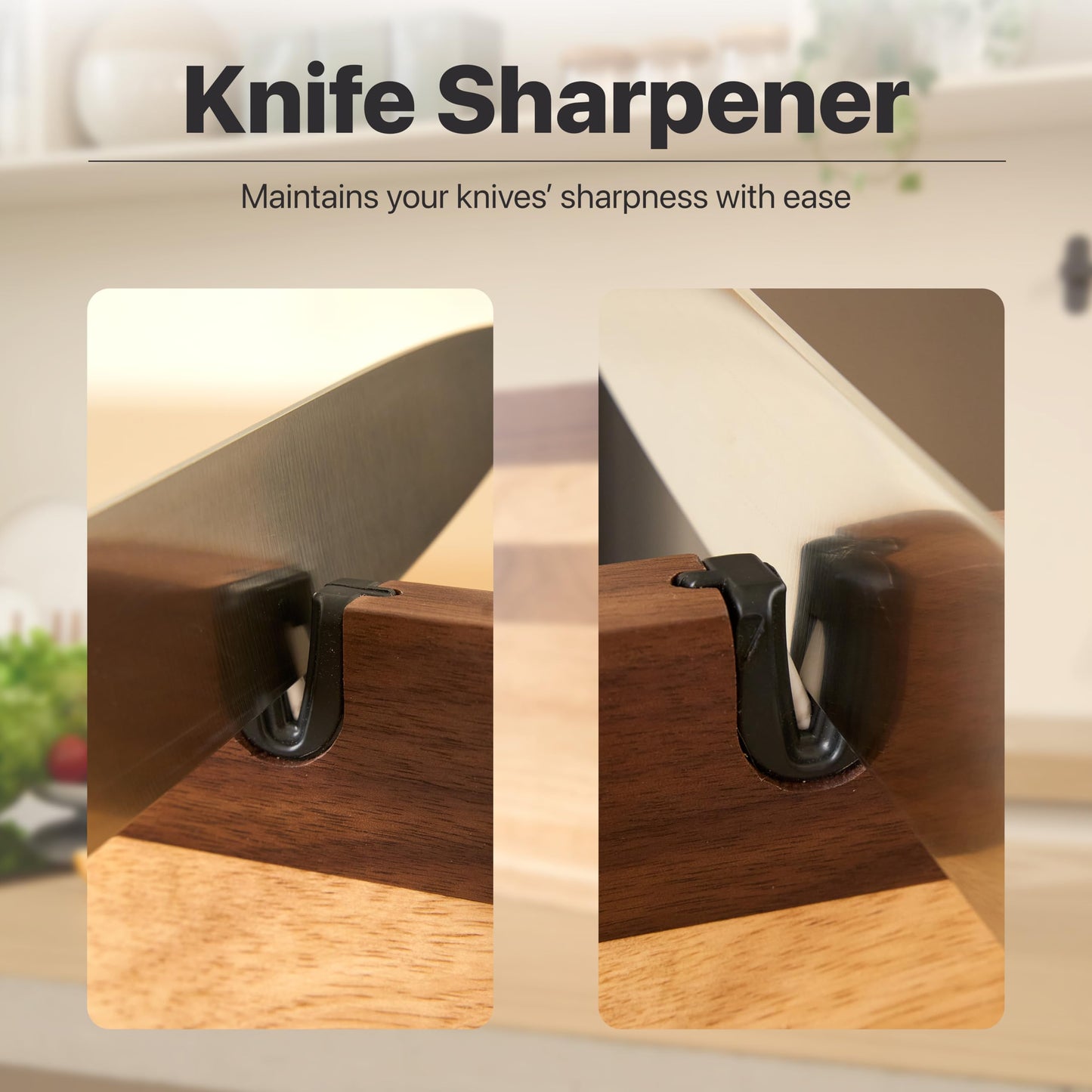 BRENZAA Magnetic Knife Block with Built-in Sharpener, 14 inch Double Sided Wood Knife Holder for Countertop, Universal Knife Stand without Knives (Rubberwood and Walnut Decor)