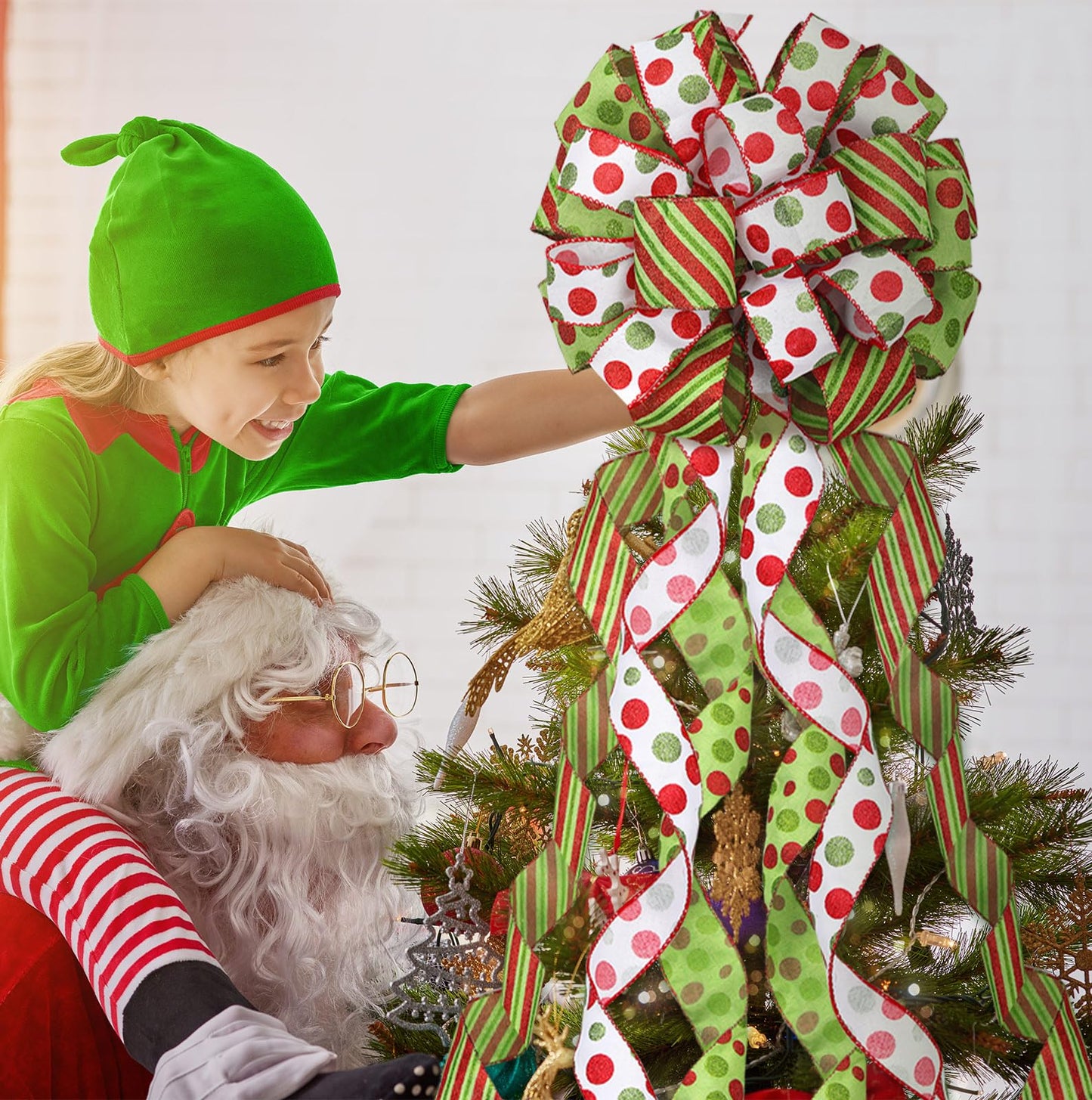 Tigeen Large Christmas Tree Bow Topper 52 x 12 Inch Red Green White Polka Dot Tree Topper Xmas Wreath Bow with Glitter Streamers for Christmas Party Indoor Outdoor Decoration Favor Supplies