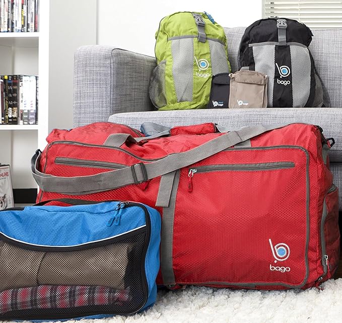 Bago Large Foldable Duffel Bags for Traveling Women & Men - 80L Packable Duffle Bag for Travel with Shoe Compartment - Water Repellant, Heavy Duty, Lightweight Folding & Collapsible (Red)