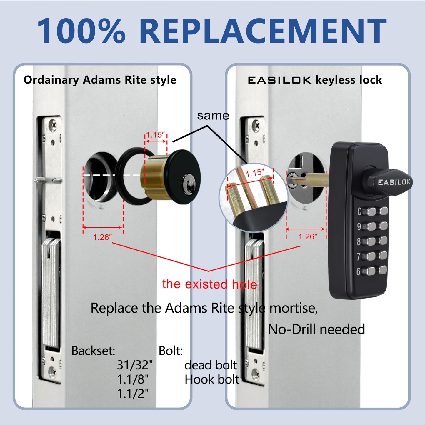 Keyless Keypad Storefront Door Lock, Mechanical Commercial Mortise Lock for Aluminum/Glass Narrow Stile Doors, DIY No-Drill Adams Rite Replacement (Black, 1-1/8" Hook Bolt)