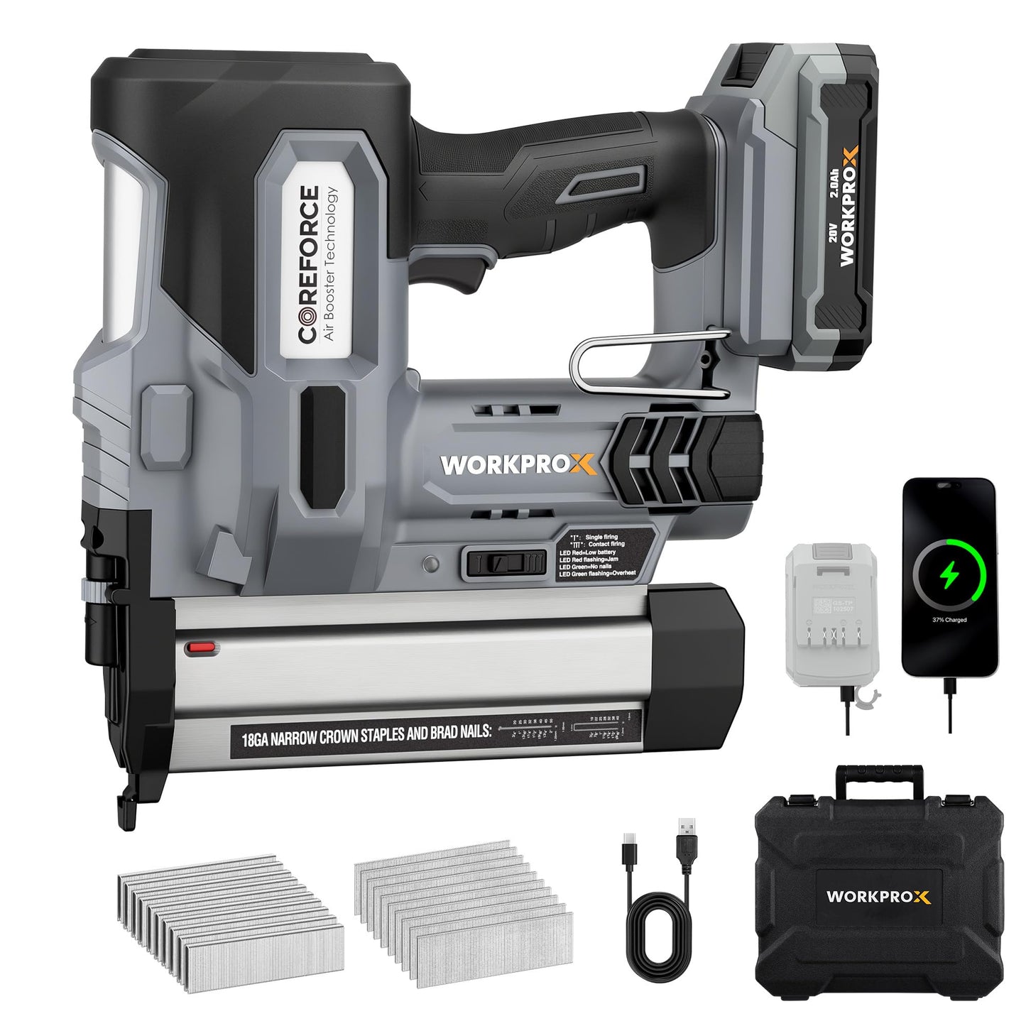 WORKPROX 20V Cordless Brad Nailer kit, 18 Gauge 2-in-1 Nail & Staple Gun with 2.0Ah Rechargeable Battery, 1000 Staples & 1000 Nails, for Woodworking, Upholstery, DIY Projects & Home Improvement