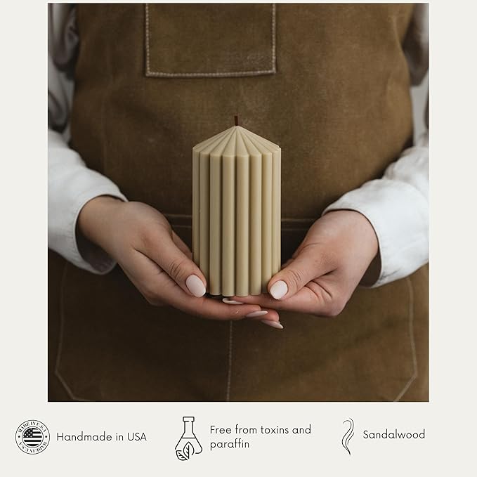 LAWA Ribbed Peak Pillar Candle - Large Beautiful Handmade Pillar Scented Soy Wax Candle Elegant Bubble Aesthetic Candle Housewarming Gift Home Room Shelf Decor Idea Olive Beige (Small)