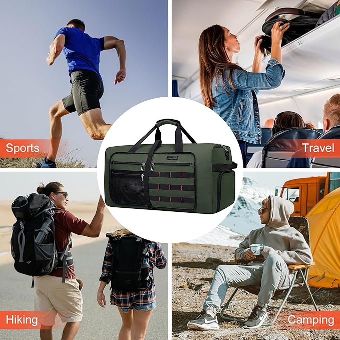 WITZMAN Foldable Duffle Bag for Travel 65L Lightweight Packable Duffel Bag with Shoes Compartment Overnight Bag for Men Women (B697 Army Green）