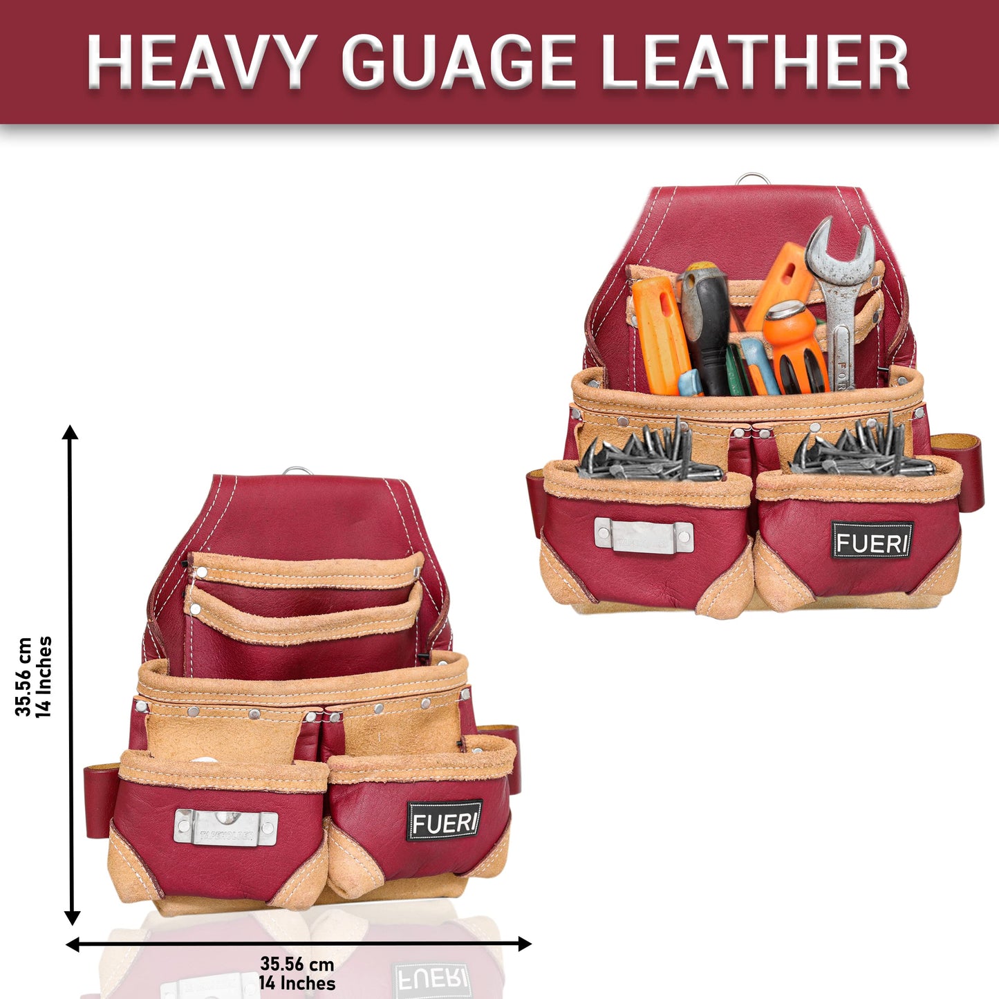 FUERI Leather Tool Belt for Men, 16 Pocket Pro Framing Combo Comes with Heavy Duty Tools Pouches, Triple Hammer holder, Adjustable Padded Belt, and 4 Suspender Loops for Electrician and carpenter's