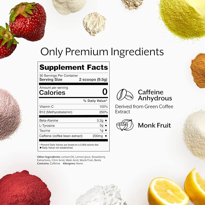 Promix Pre-Workout Powder, Strawberry Lemon ??Boosts Focus, Energy & Endurance ??With Caffeine, B12, Beta-Alanine & L-Tyrosine ??Gluten & Dairy-Free, 10.05 oz
