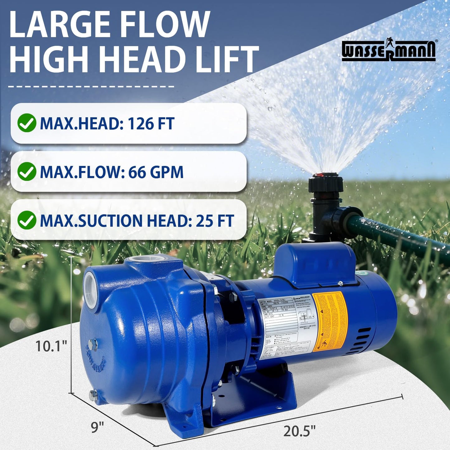 WASSERMANN Centrifugal Pump 1.5 HP, 66GPM Shallow Well Jet Pump 115V/230V Self-Priming Centrifugal Pump Durable Cast Iron Booster Pump for Lawn Sprinkler, Garden Irrigation, Replacement for GT15, Blue