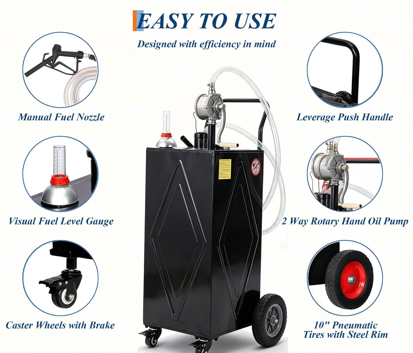 Garvee 30 Gallon Fuel Caddy with Manual Transfer Pump, Portable Gas Storage Tank on 4 Wheels, Gasoline & Diesel Fuel Storage Tank for Cars, Lawn Mowers, ATVs, Boats, More, Black