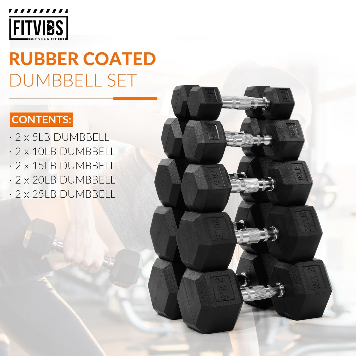 Fitvids 150LB Rubber Encased Hex Dumbbell Weight Set Contoured Handle for Muscle Toning, Strength Building & Full Body Workout